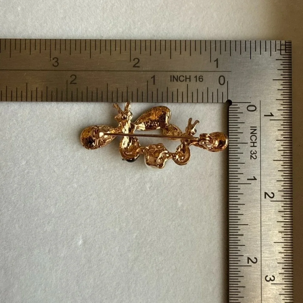 Double Bee Brooch Clear Rhinestone Faux Pearl Enamel Gold Tone Insect Pin